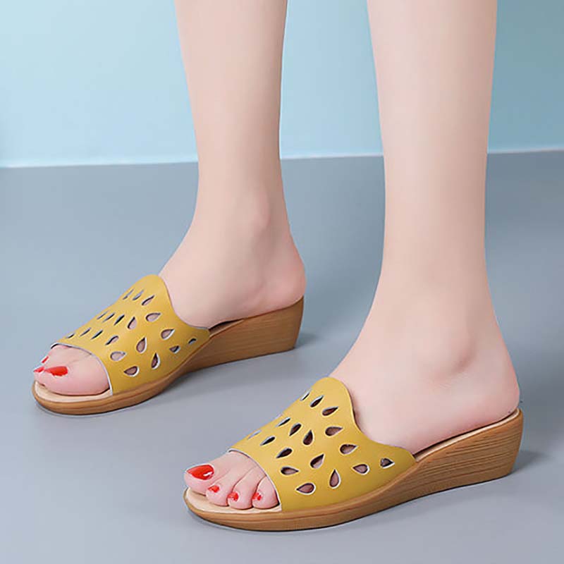 Leather Sandals and Slippers for Women To Wear In Summer Ladies All-match Fashion Slope-heel Mid-heel Soft-soled Non-slip Mother Shoes