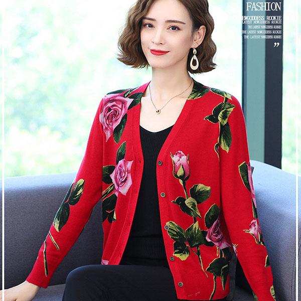 Rose Print Cardigan Women Spring Autumn Winter Loose Plus Size Sweater Coat Elegant Wool Cardigan