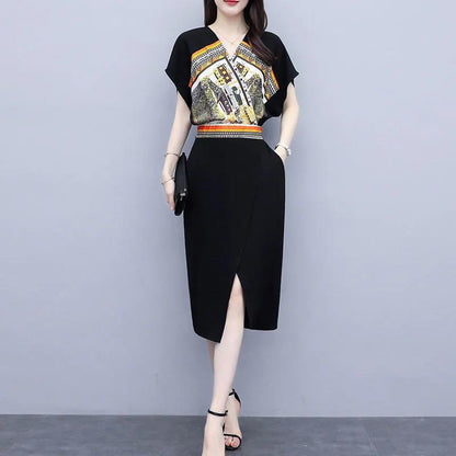 V-neck Print Split Slim Slimming Dress Summer Women's Temperament French Hepburn Style