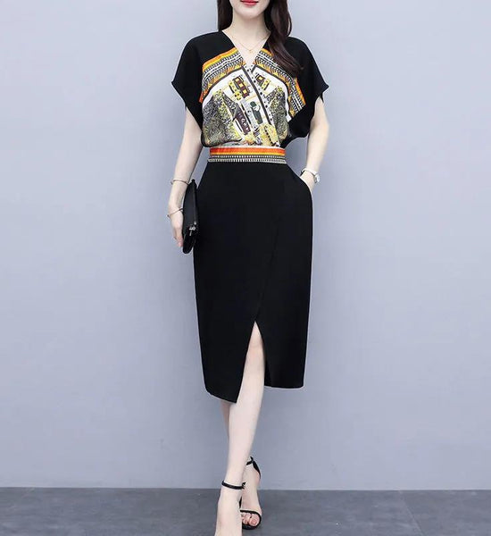 V-neck Print Split Slim Slimming Dress Summer Women's Temperament French Hepburn Style