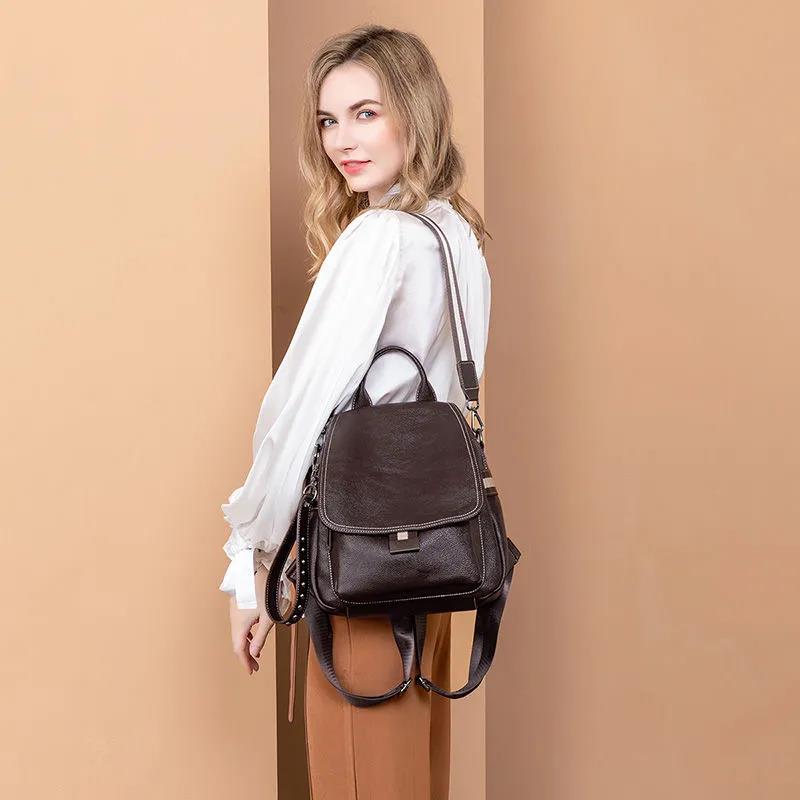 Genuine Leather Cowhide Rivet Removable Shoulder Belt Women's Backpack Soft PU Casual Multilayer Waterproof