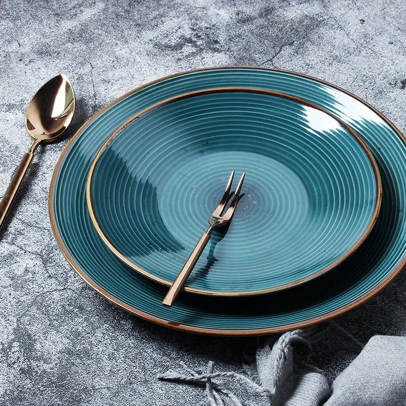 Nordic Style Simple Ceramic Plate Thread Pitted Household Dish Steak Plate Dark Green Salad Plate Disc