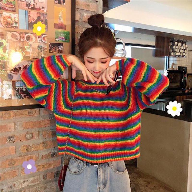 Women's Loose Lazy Student Sweater Women's Pullover Rainbow Striped Short Sweater