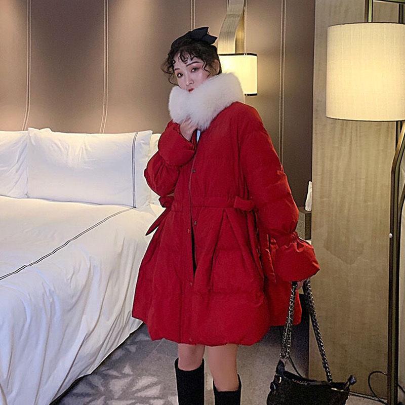 Real Fur Collar Down Padded Jacket Women's Waist Slimming Mid-length Korean Fashion Loose Coat