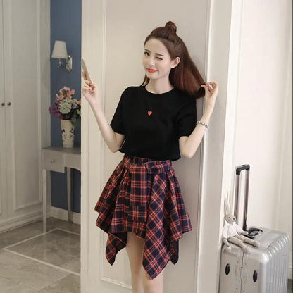 Women Summer Casual Suit Skirt Female Vintage Short Sleeve T-shirt Two High Waist Irregular Lattice Skirt Set