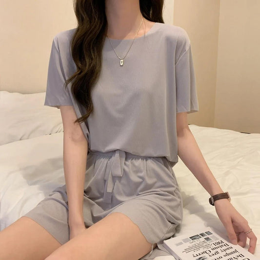 2PCS Women Ice Silk Suit Loose Cool Pajamas Summer Short Sleeve T-shirt Shorts Two Piece Suit Leisure Home Clothes Solid Thin Sets