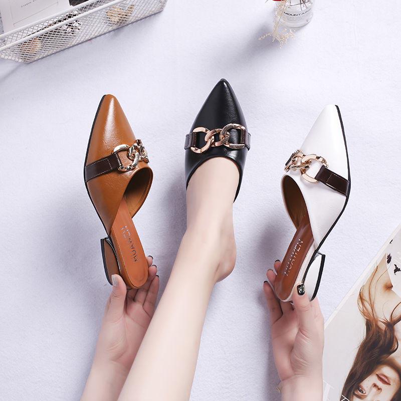 Plus Size Women Slippers Outdoor High Heels Non-slip Office Lady Pointed Toe Leather Sandals