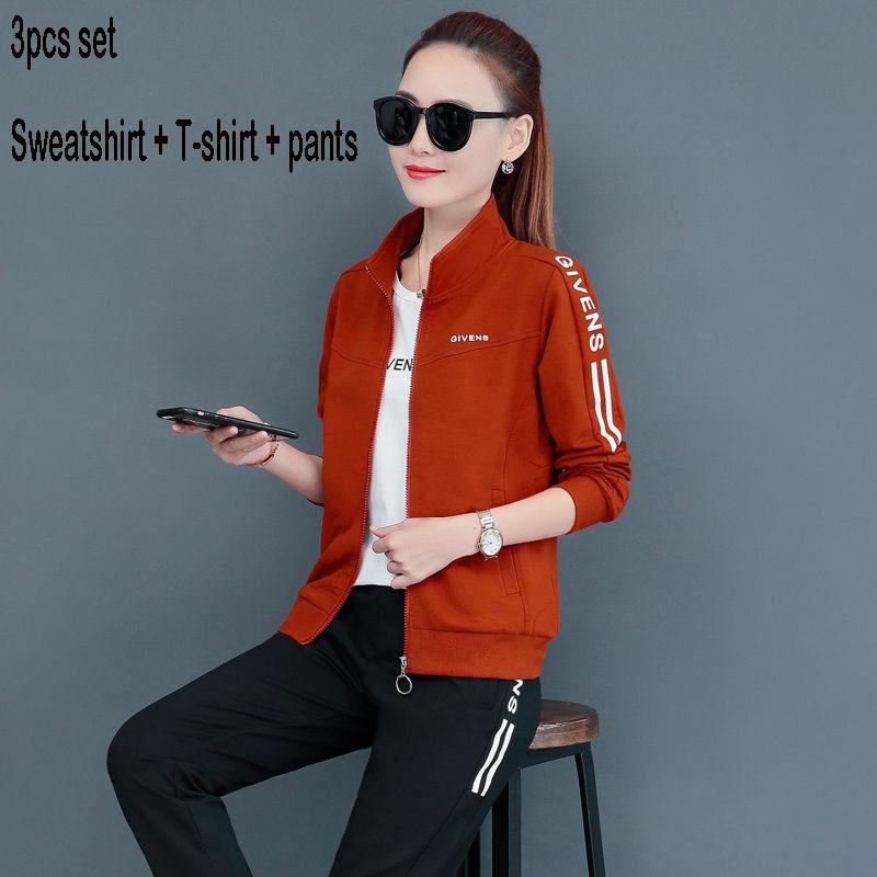 Long-sleeved casual sweatshirt set large size spring and autumn women's 3pcs set wild