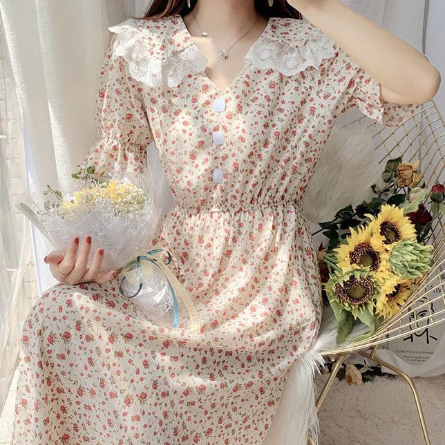 Women Summer Vintage High Waist Fairy Holiday Long Dress Elegant Slim Lace Peter Pan Collar Idyllic Floral Printed Dress