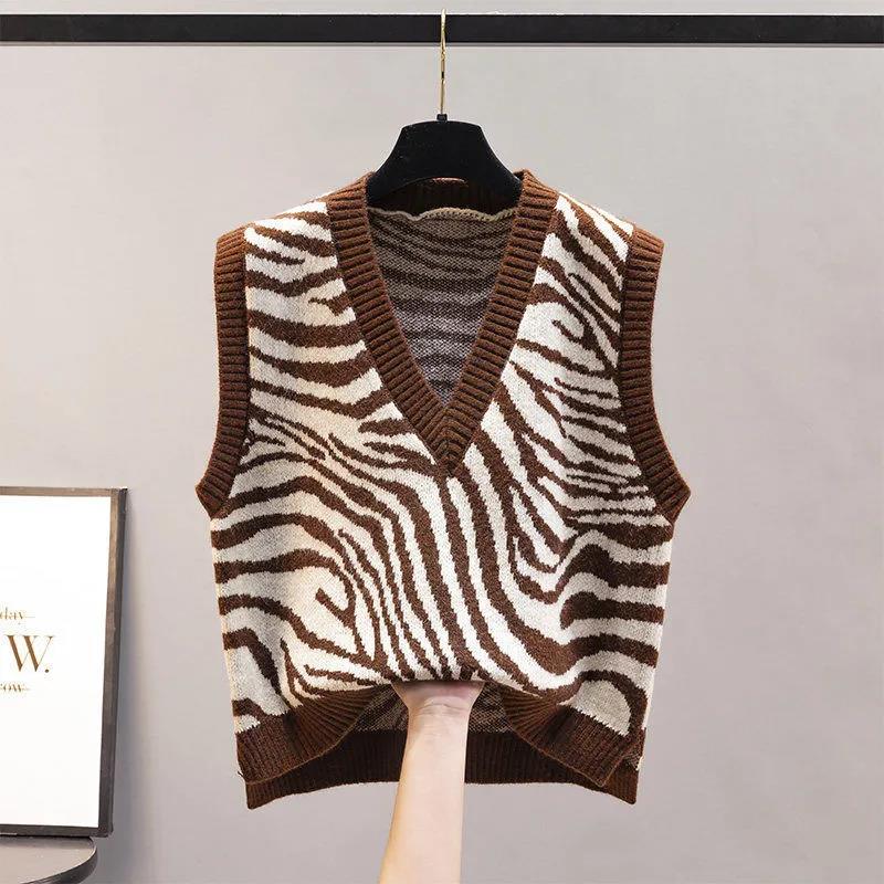 Waistcoat Vest Jacket Autumn Knit Women's Sweater Winter Zebra Pattern Outer Wear Loose V-neck Sleeveless Thin Sweater