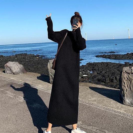 Autumn and Winter Long Sweater Skirt Pullover Women Loose Large Size Turtleneck Collar Mid-length Over The Knee Knitted Sweater