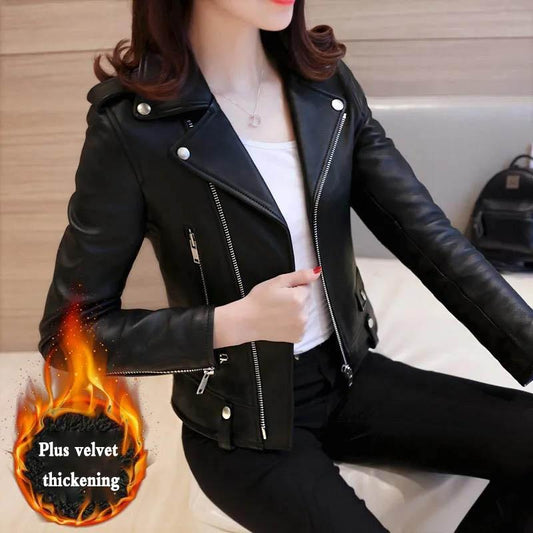 Small Leather Jacket Women Plus Velvet Thick Short Leather Jacket Autumn and Winter Leather Jacket Slim Slimming