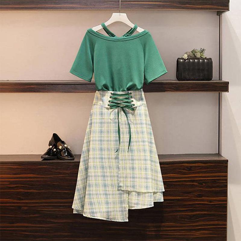 Fashion Women Plus Size Skirt Set Summer Halter T-shirt Irregular Plaid Skirt Two-piece Suit