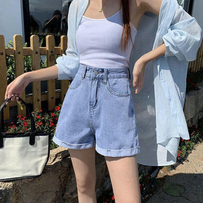 Summer Denim Shorts Women's Loose High Waist Was Thin, Wild Wide-leg Curled A-line Version Type Denim Ladies Shorts with Waist Was Thin