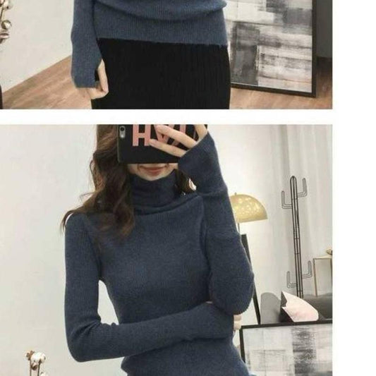 Autumn and Winter High-necked Tops Slim Free-neck Casual Sweater Women's Long-sleeved Pullover Bottoming Sweater Slim All-match Outer Wear