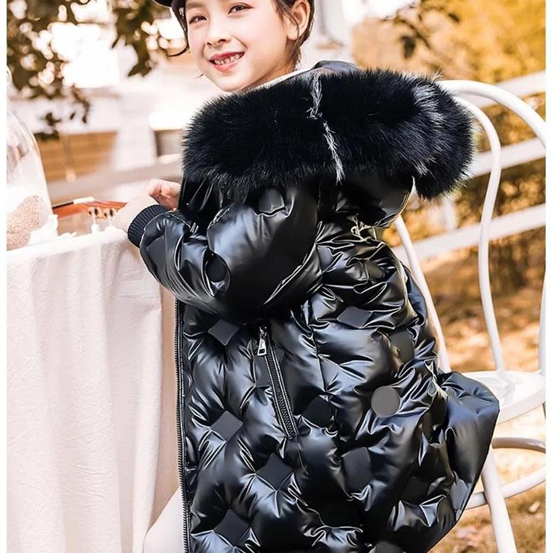 Children's Warm Down Padded Jacket Girls Mid-length Thick Children's Clothing Bright Leather and Wash-free Winter Coat