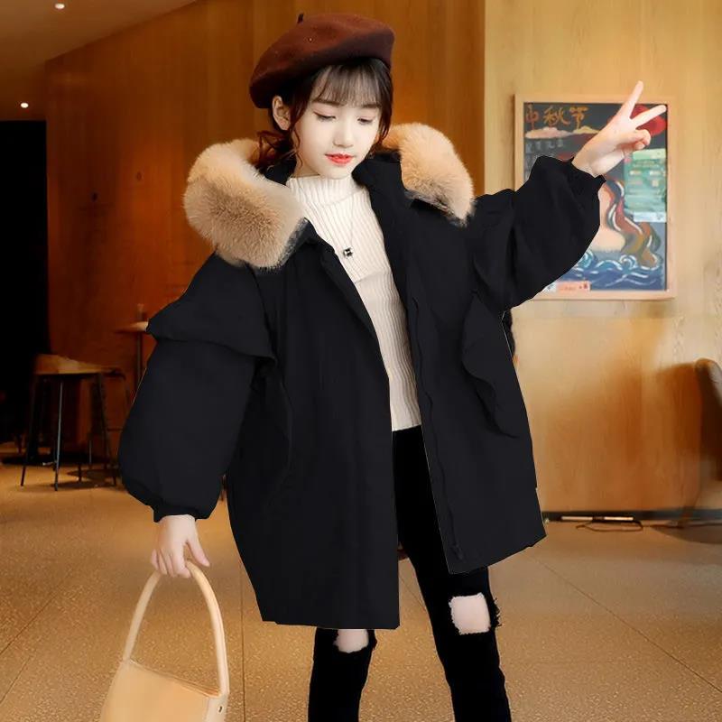 Girls' Fur Collar Cotton Clothes Winter Clothing Plus Velvet Children's Quilted Jacket Mid-length Coat To Keep Warm