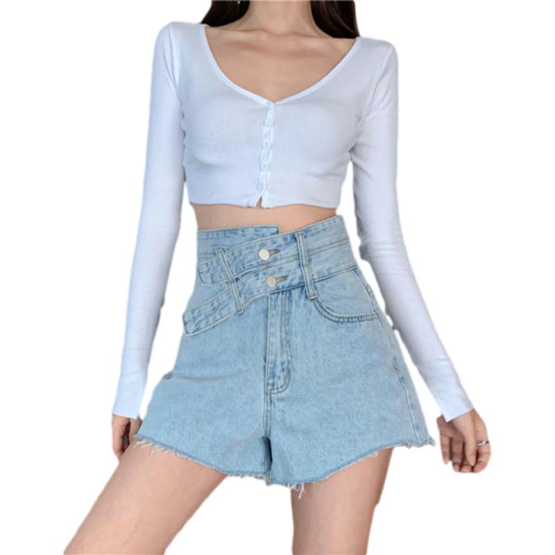 WTEMPO Spring and Summer High Waist Denim Shorts Women Loose Wide Leg A-line Thin Casual Shorts