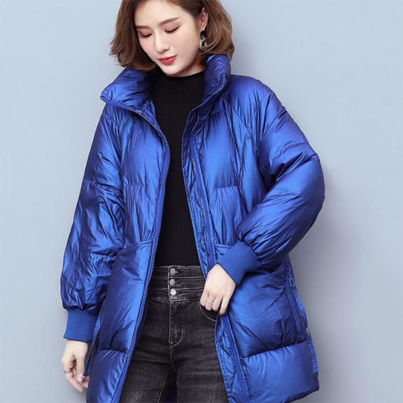 Women's Shiny Mid-length Down Jacket Winter Korean Style Loose Coat Warm Stand-collar Down Jacket