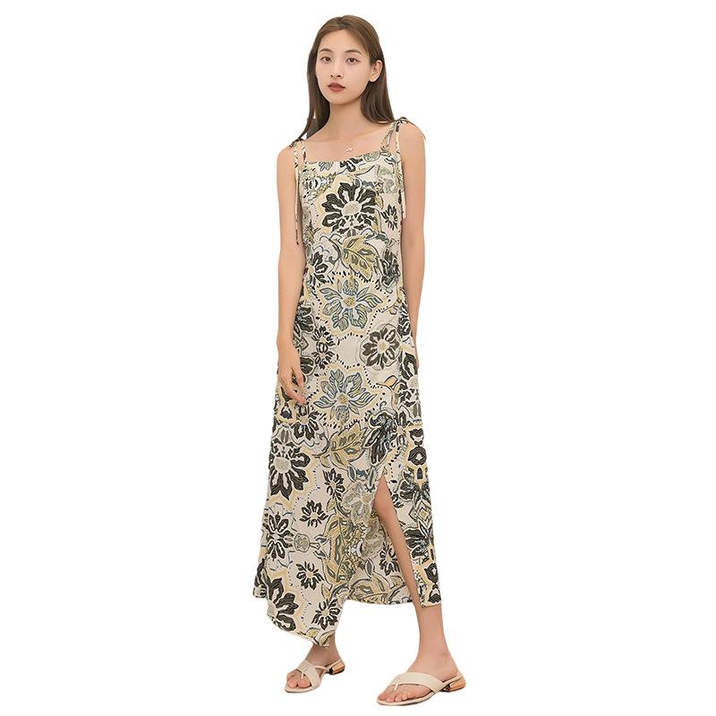 French Sling Dress Summer Dress Print Women's Loose Slim Square Neck Mid Length Skirt