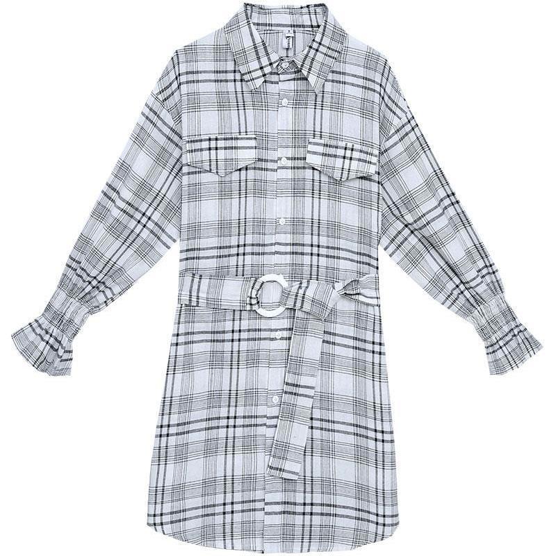 Spring  Summer Women's Plaid Shirt Dress Slim OL Style Single-breasted Shirt Dress with Belt Office Ladies Outfits