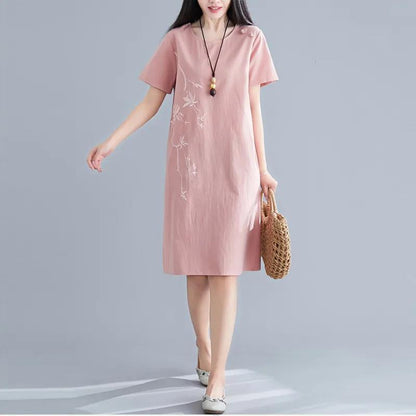 Cotton and Linen Embroidered Dress Women's Summer Ethnic Style Loose and Thin A-line Buckle Mid-length Dress