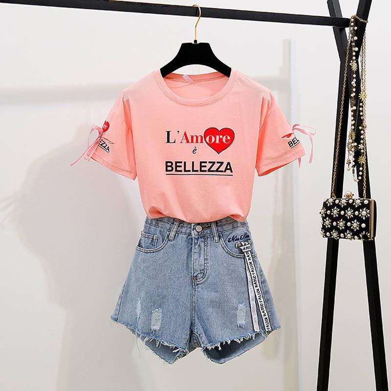 Pofulove Women Soft High Quality O-Neck Cotton Letter T-Shirt+High Waist Denim Shorts Two Piece Suit