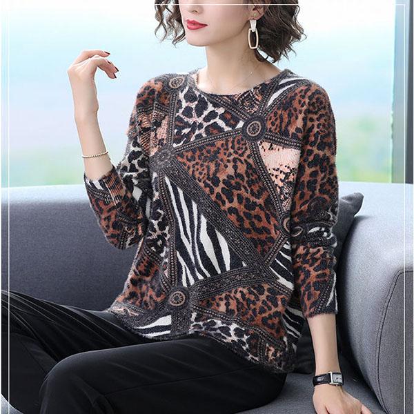 Autumn Winter Leopard Print Cashmere Sweaters Women Artificial Mink Wool Sweaters Fashionable Loose Warmth Jumper Outwear