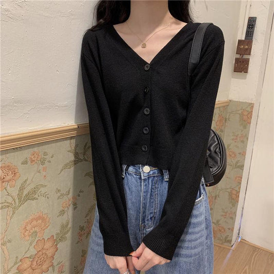 Spring and Autumn Style V-neck Cardigan Jacket Long Sleeve Thin Slim Sweater Short Sleeve Sweater Women Trendy