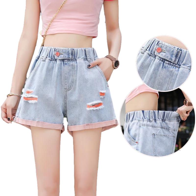 WTEMPO Women Loose Ripped Pants Big Pocket High Elastic Waist Denim Shorts  Spring and Summer Wide Leg A-line Thin Casual Jeans