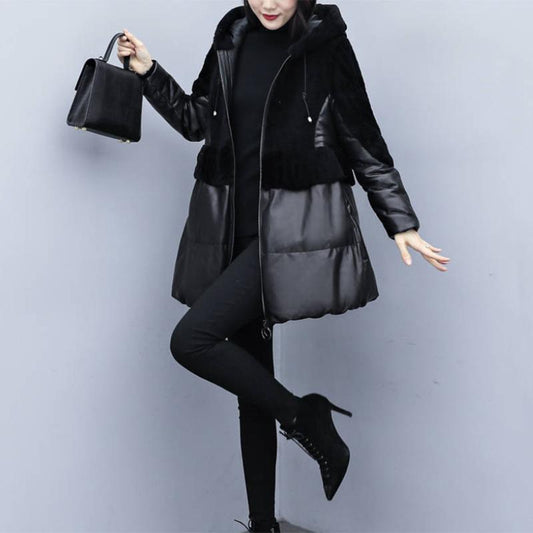 Women's Winter Korean Loose Quilted Coat Warm Down Jacket with Fur Collar Women's Glossy Mid-length Down Jacket