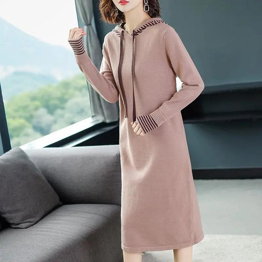 2021 Fall/winter Hooded Knitted Dress Women Long Over The Knee Plus Size Loose Sweater Dress Women