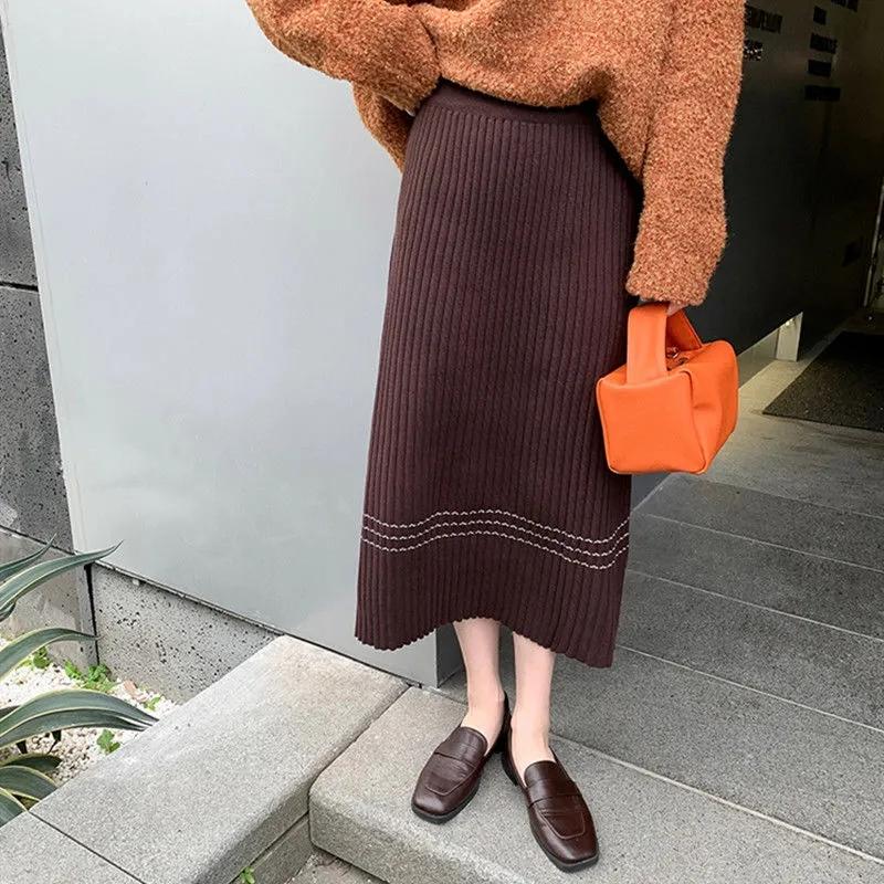 Knitted Skirt Autumn and Winter Women's High Waist Mid-length All-match A-line Skirt Covering Crotch