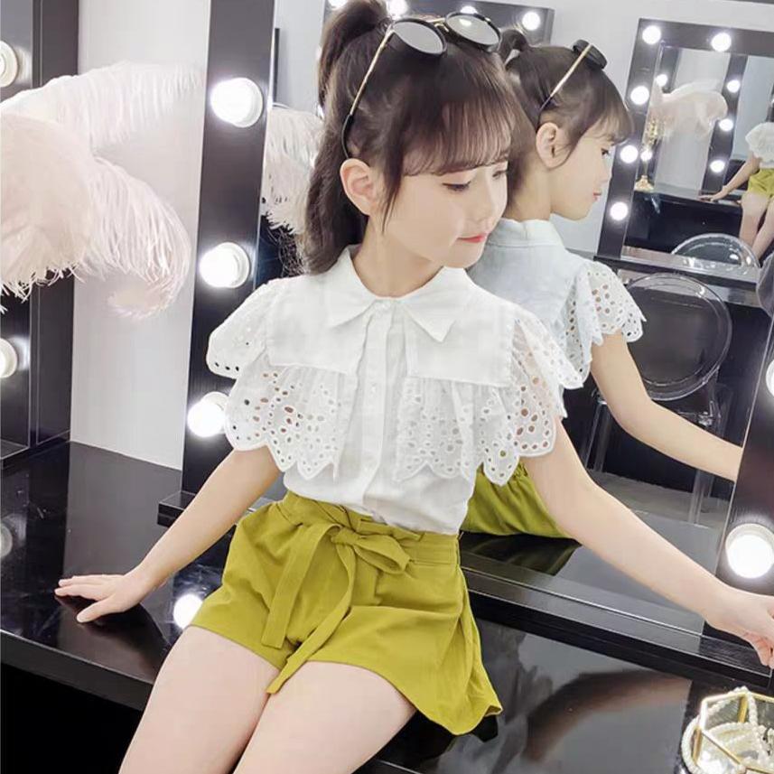 2PCS Children Clothing Set Spring Summer Girls Suits Lace Hollow Out Short Sleeve Tops + Pants Clothing Set