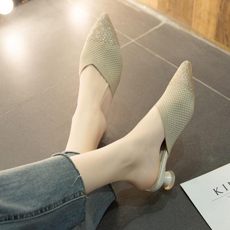 Spring and Summer Rhinestone Pointed Slippers Women's Outer Wear Baotou Half Slippers All-match High Heels Women