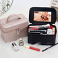 Large Capacity with Mirror Cosmetic Case Portable Makeup Case Travel Portable Cosmetic Storage Case Makeup Bag Organizer Pink Toiletry Bag