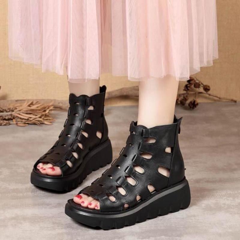 Fish Mouth Sandals Women's Summer Soft Leather Wild Hollow Sponge Cake Casual High-heeled Thick-soled Increased Flat-bottomed Women's Sandals