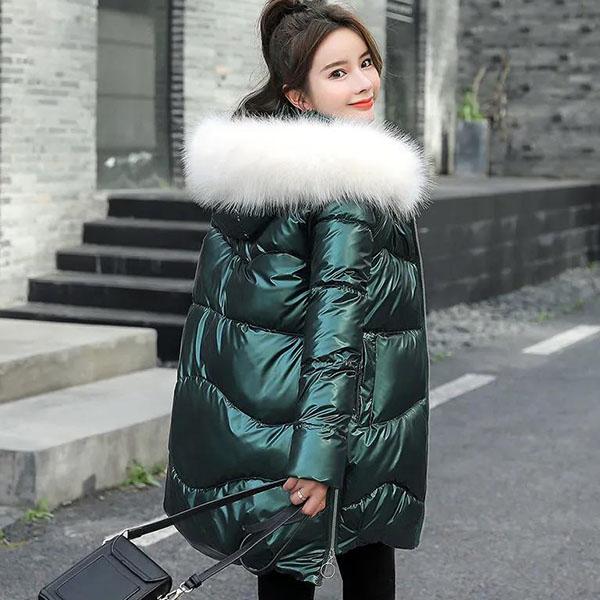 Women's Winter Mid-length Parkas Jackets Female Casual Thicken Warm Hooded Jackets Coats Windproof Shiny Parka Coat with Fur Collar