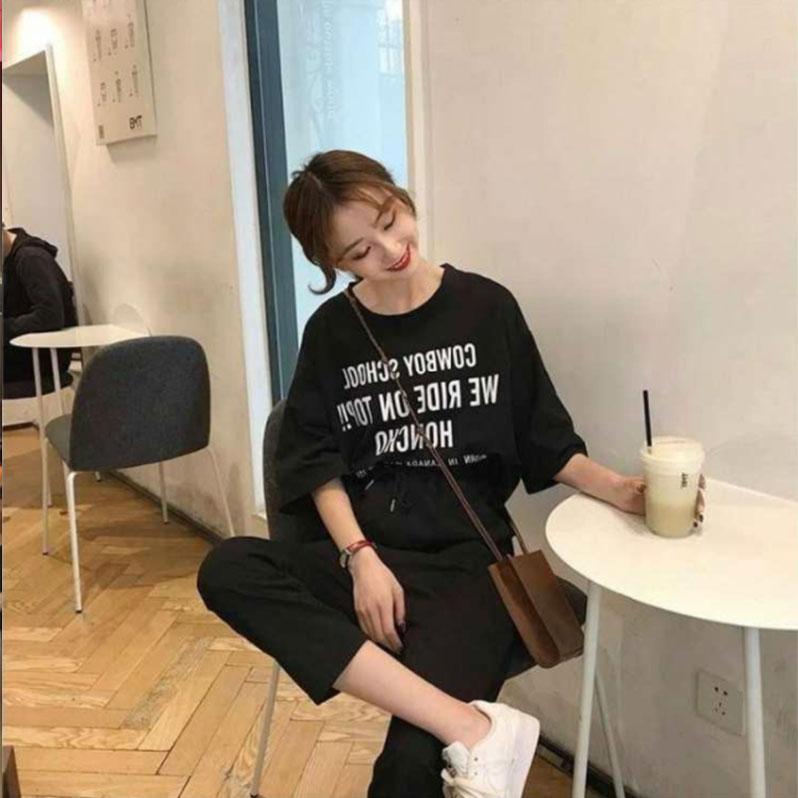 2PCS Summer Student Loose Letter Short Sleeve T-Shirt + Straight Ninth Pants Ladies Casual Sports Two-piece Suit Jogging Suits for Girl