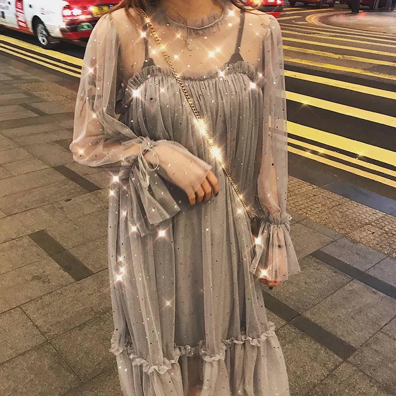 Women Sequins Mesh Dresses Shiny Long Sleeve Mesh Dresses Lady Star Sequined Tulle Princess Dress