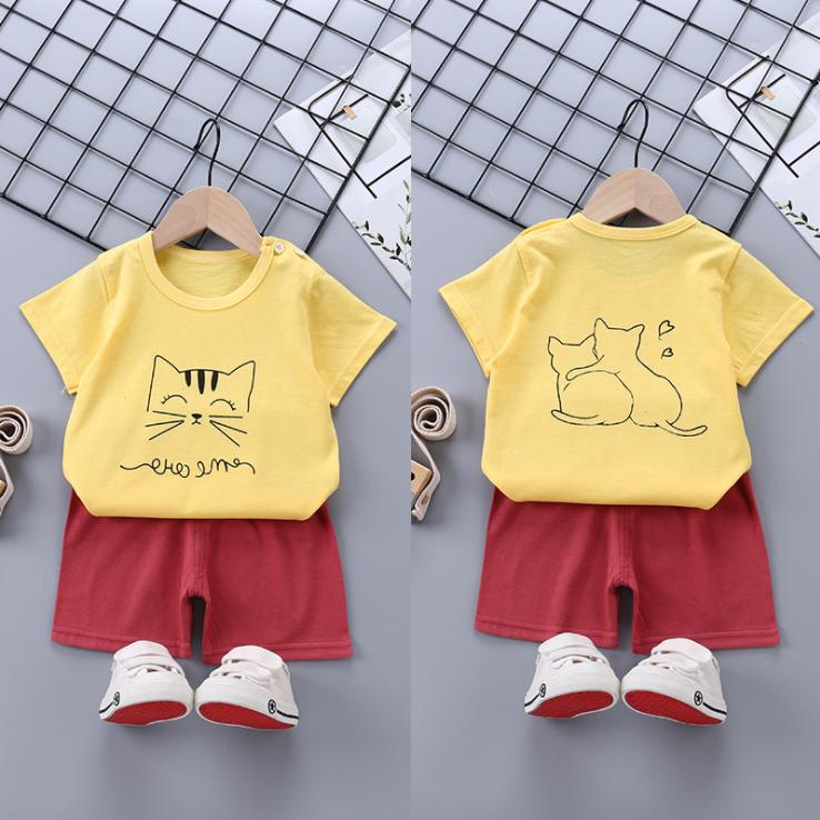 Children's Short Sleeve Suit Korean Style Boys and Girls Set Printing T-shirt + Shorts Two Piece Set