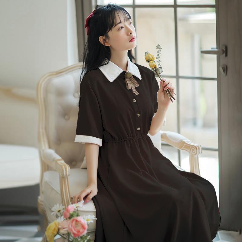 College Style Retro Slim Waist Temperament Dress Female Short-sleeved Mid-length Skirt A-line Skirt Bow Decoration Sweet and Cute