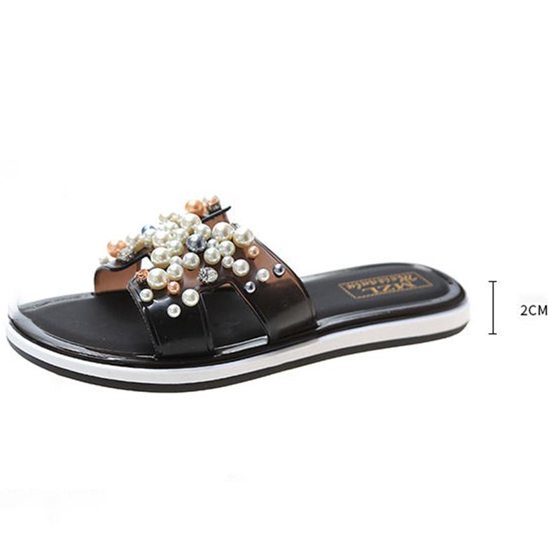 Slippers Women’s Summer Wear Women’s Shoes Flat-heeled Non-slip Soft-soled Beach Shoes Sandals with Pearl Decoration Sweet Sandals