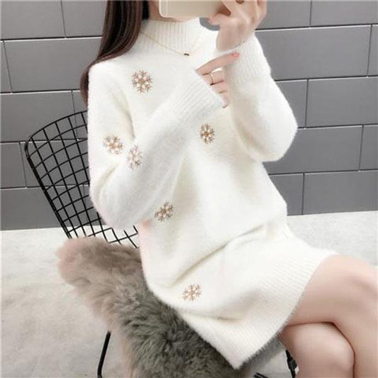 Autumn and Winter Mohair Sweater Thick Mid-length High Neck Bottoming Shirt Snowflake Pattern Dress