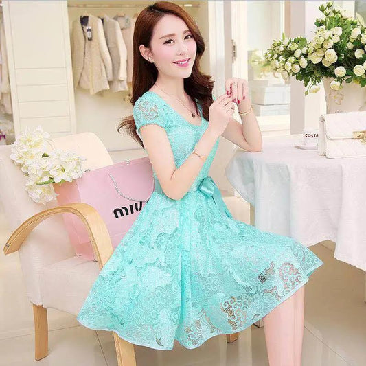 Women Vintage High Waist Super Fairy Holiday Dress Elegant Slim Lace Pleated Party Bow Dress