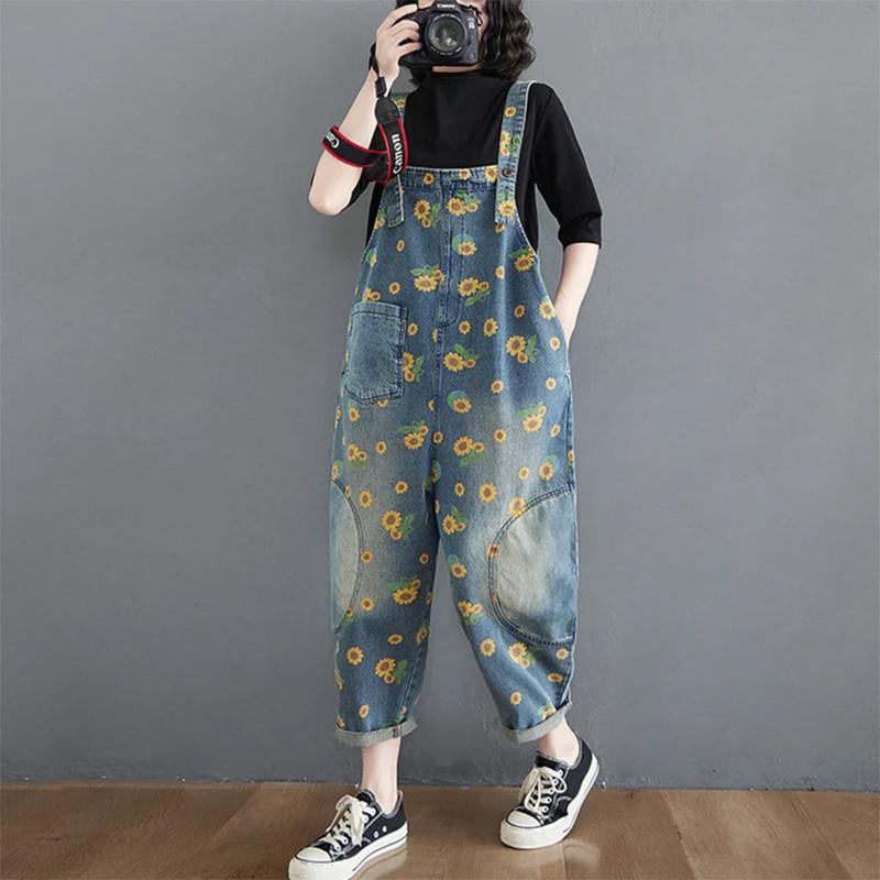 Women Denim Overalls, Sunflower Print Jumpsuits, Loose Wide Leg Pants, Oversized Baggy Ladies Pantst, Retro Trousers