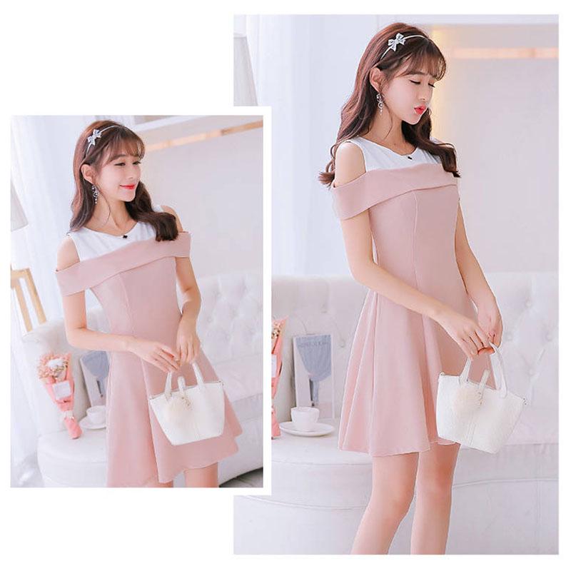 Fashion Summer Off-shoulder Round Neck Dress Stitching Sweet A-line Dress Sleeveless Sundress