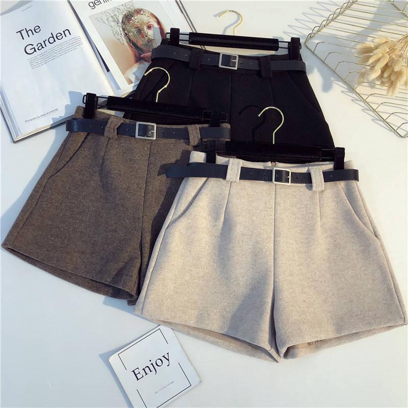 Woolen Shorts Ladies Autumn Winter Short Pants Korean Wide Leg Loose Retro Pants with Circle