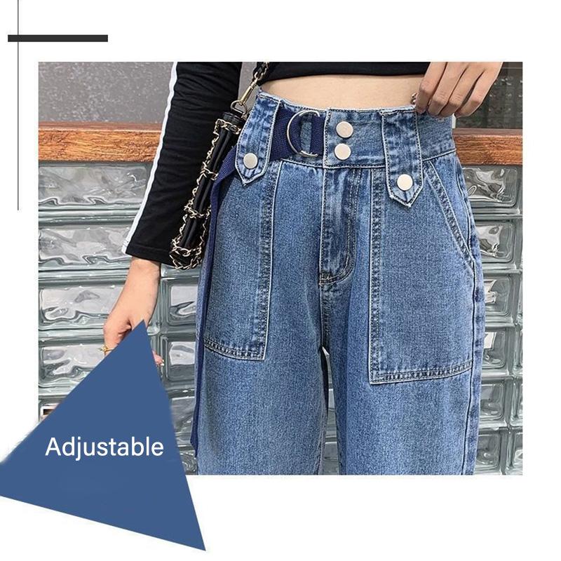 WTEMPO Double Breasted Adjustable Women's High Loose Casual Washed Denim Straight Long Wide Leg Pants