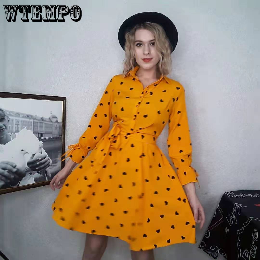 Spring  Autumn Women Heart Printed Long Sleeve Shirt Dress OL Style Knee-length  A-line Dress Plus Size M-5XL